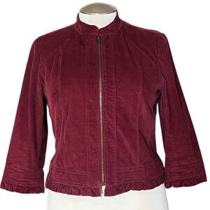 Sandro Red Corduroy Zip Front Ruffle Hem & Wrists Crop Blazer Jacket L